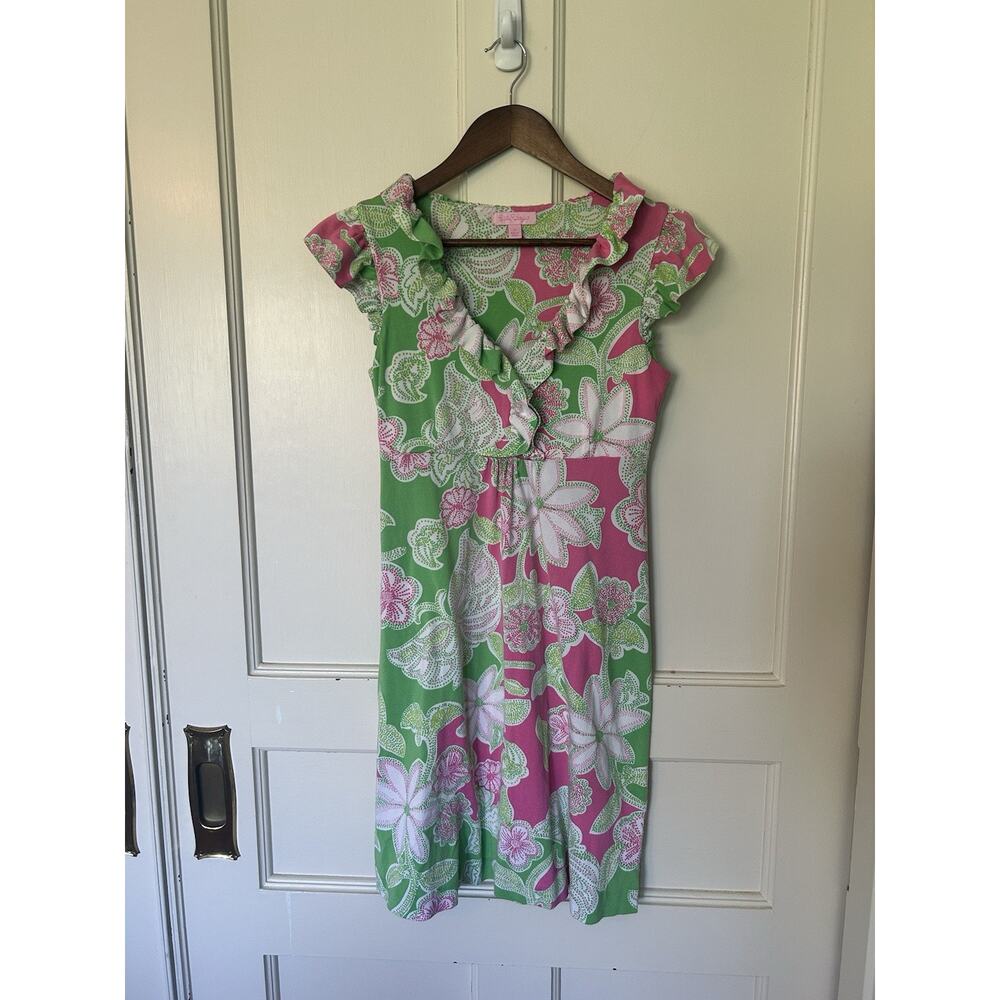 Lilly Pulitzer Tropical Floral Silk Blend Shift Dress Womens Size XS Pink Green